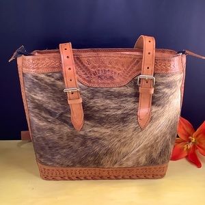 Hand-Tooled Brown Leather Buckle Calf-Hair Tote